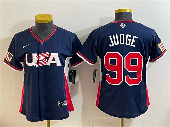 Women's USA Baseball #99 Aaron Judge Navy 2026 World Baseball Classic Stadium Stitched Baseball Jersey(Run Small) Women's USA Baseball #99 Aaron Judge Navy 2026 World Baseball Classic Stadium Stitched Baseball Jersey(Run Small)